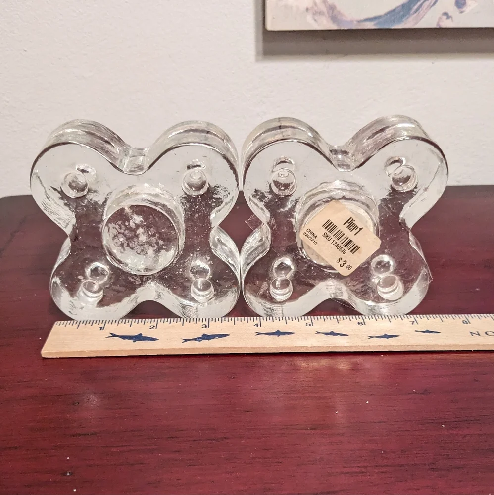 Pier One Candlestick Holders Light Pair Heavy Glass Vintage 90s Stacked Clear